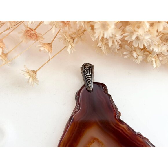Brown Sliced Banded Agate Geode Crystal Freeform Large Silver T Vintage Pendant - Picture 3 of 12